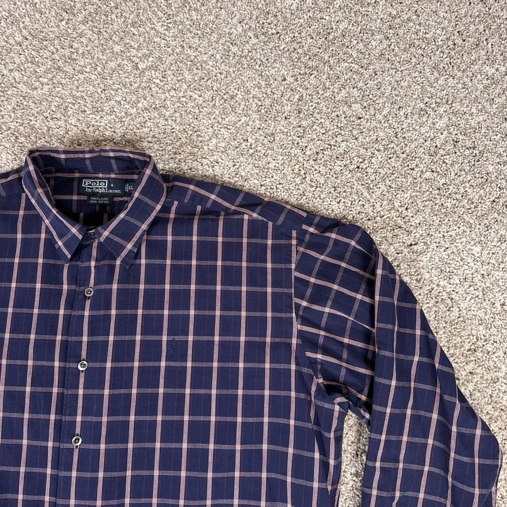 Polo Ralph Lauren Shirt Mens XL Navy Plaid Marlowe 100% Cotton Button Up Classic